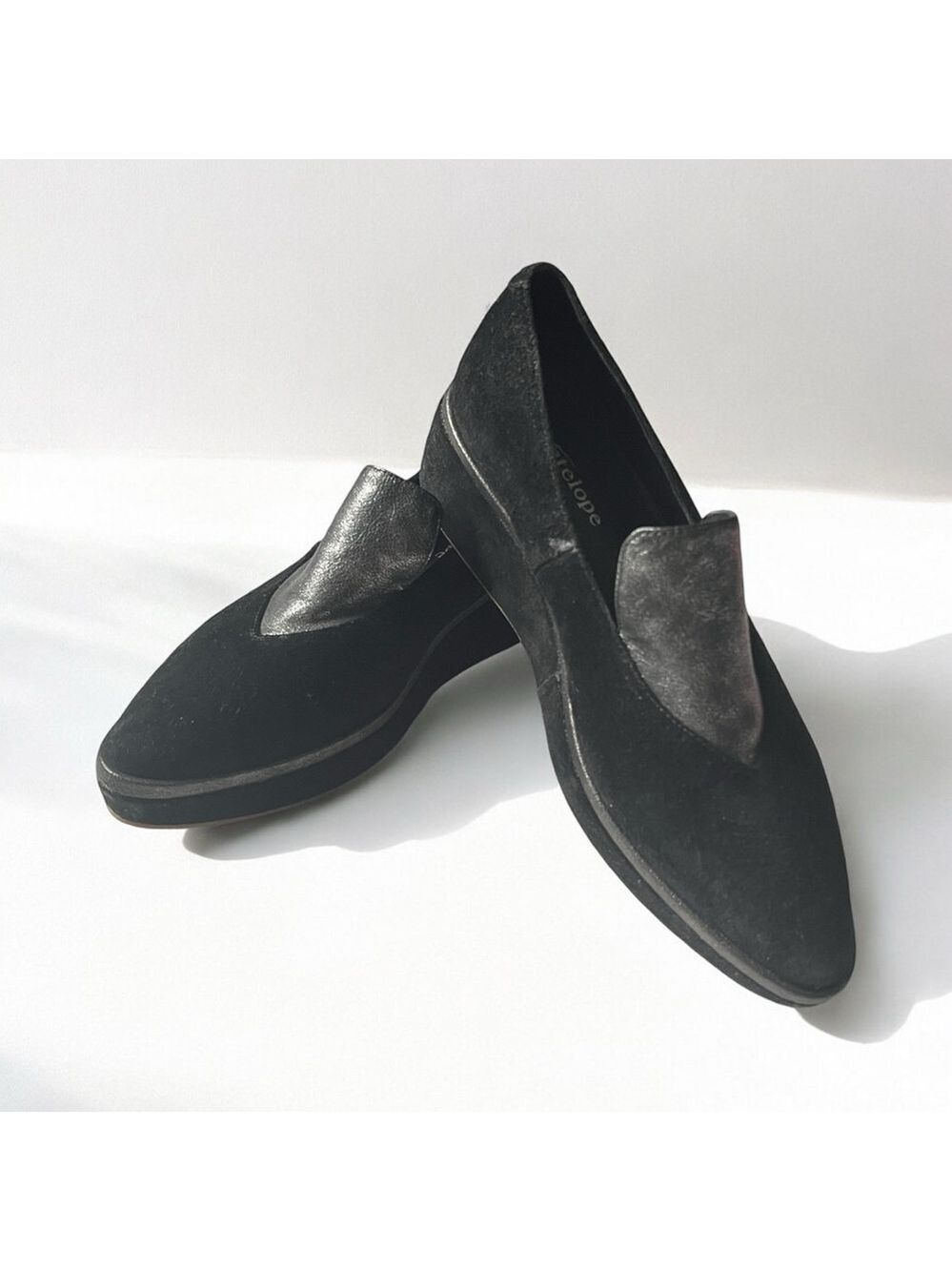 ANTELOPE Wedge Platforms Shoes Met Loafer Black Suede Leather Pointed Toe EU40